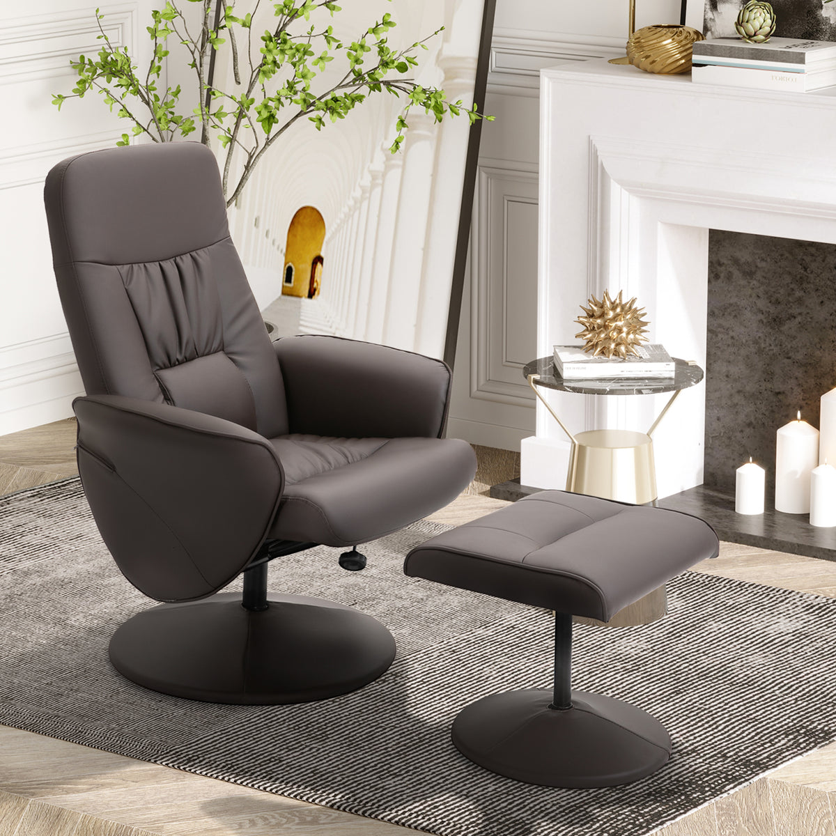 2-piece armchair set, armchair with ottoman, recliner with ottoman, height-adjustable, reclining backrest, brown (2)