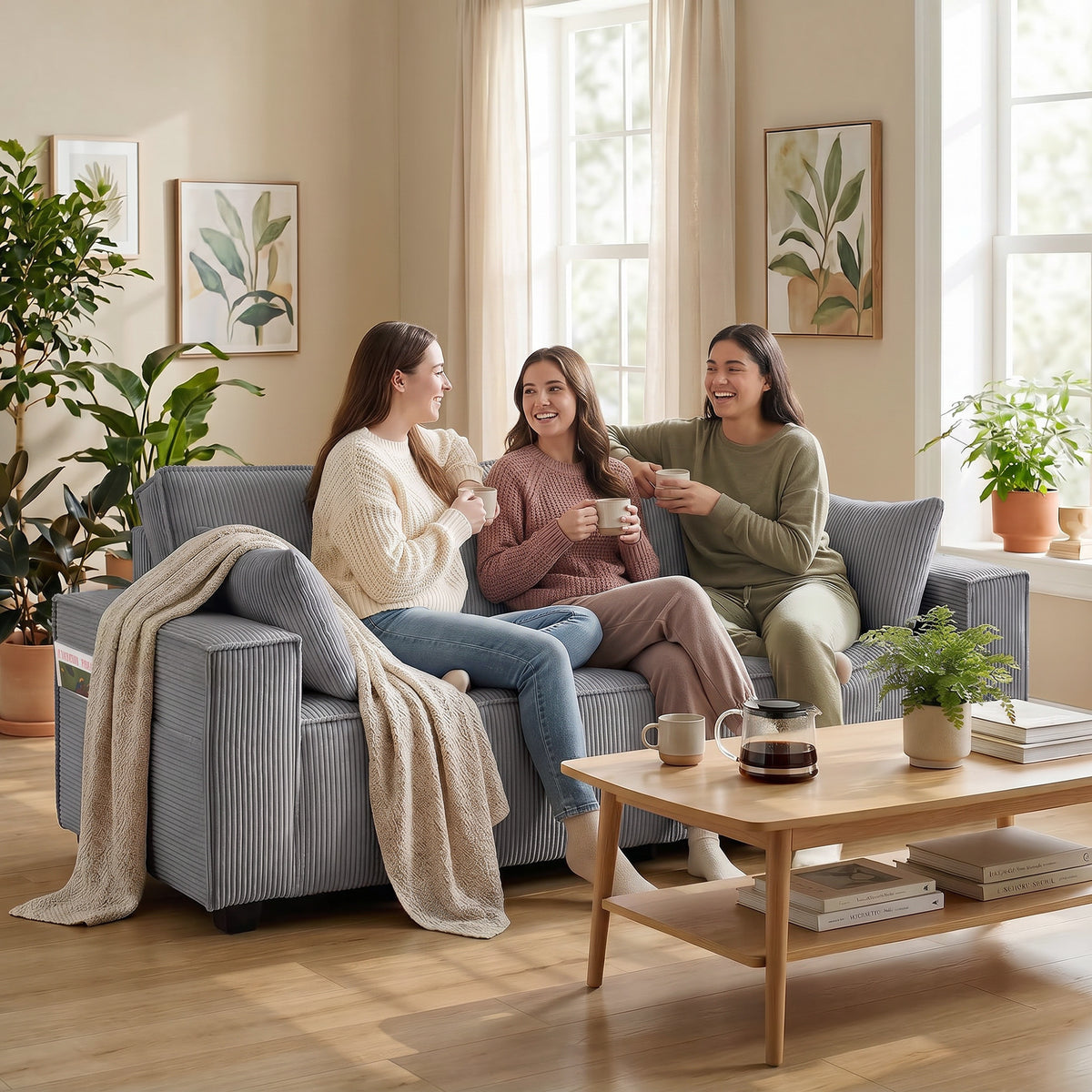 218 cm 3-seater sofa, modern corduroy sofa with pocket spring cushioning, wide armrests and 2 cushions, light (2)