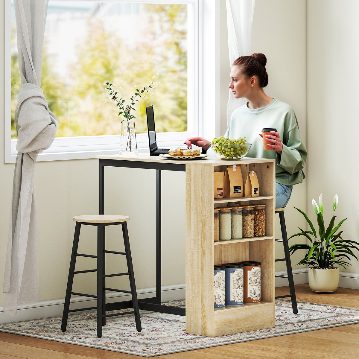 3-piece bar table set, 1 counter, 2 chairs, with storage space and footrests, space-saving, light brown + black (2)