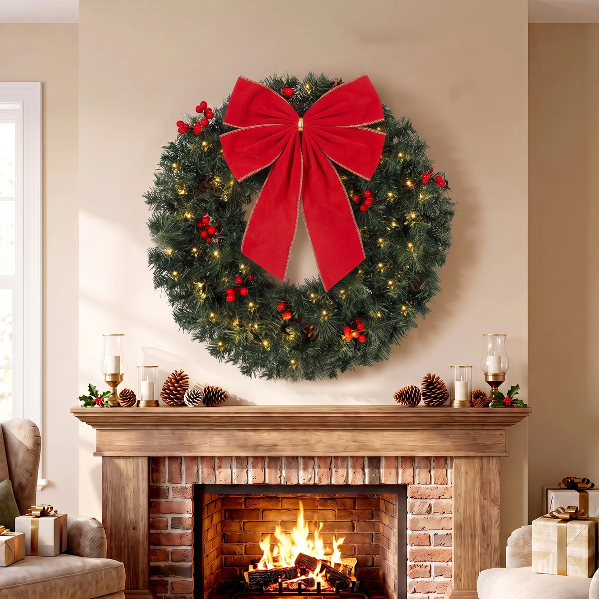 Christmas wreath 60 cm door wreath with Crestwood spruce design, bow, 50 LEDs, 140 branch tips, 8 light modes (2)