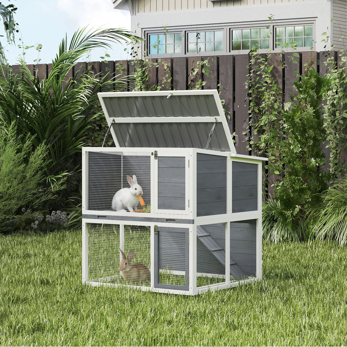 2-Tier Rabbit Hutch Wooden Rabbit House with Weatherproof Hinged Roof, Outdoor Run, Ramp, 98x95x102.5 cm Grey (2)