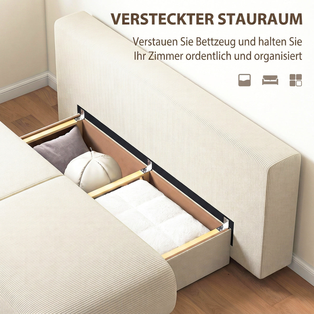 HOMCOM Schlafsofa mit verstellbarer Rückenlehne, Bettfunktion, verstecktem Stauraum und Cordbezug, Beige – Produktabbildung 5