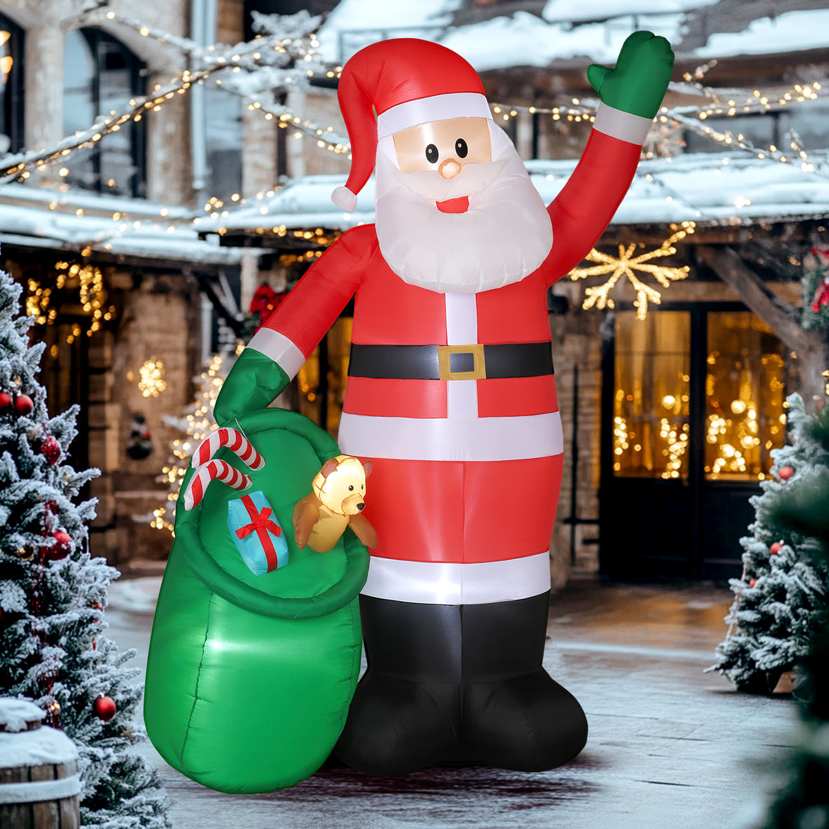 Inflatable Santa Claus, 275 cm, with sack and bear, Christmas decoration with integrated LED lights (2)