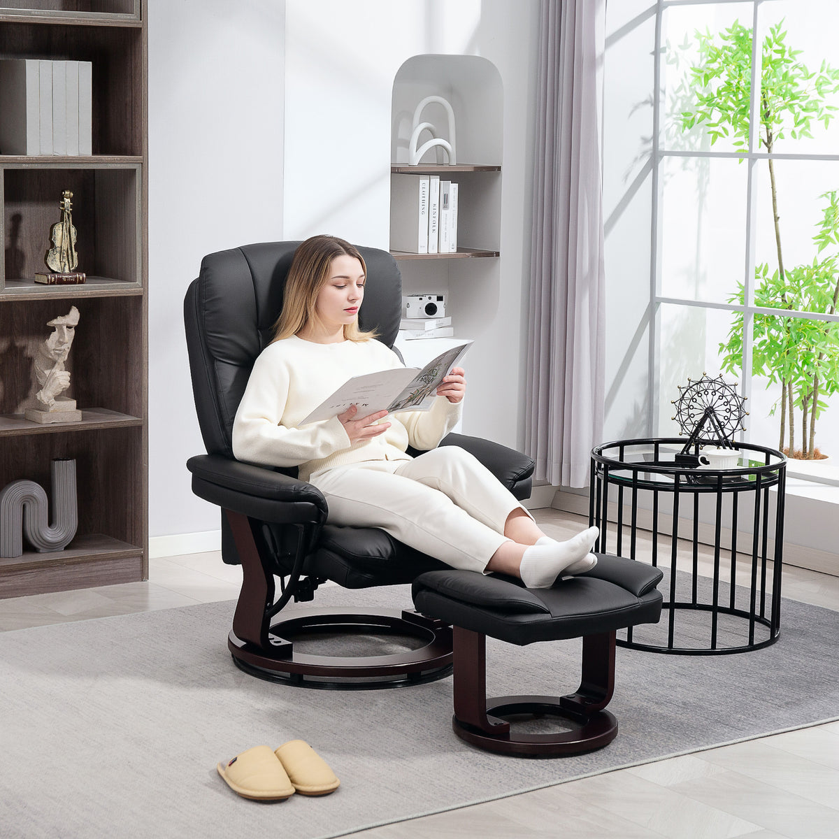 Recliner with footstool, adjustable armchair, faux leather cover, upholstered armchair with foldable backrest (2)