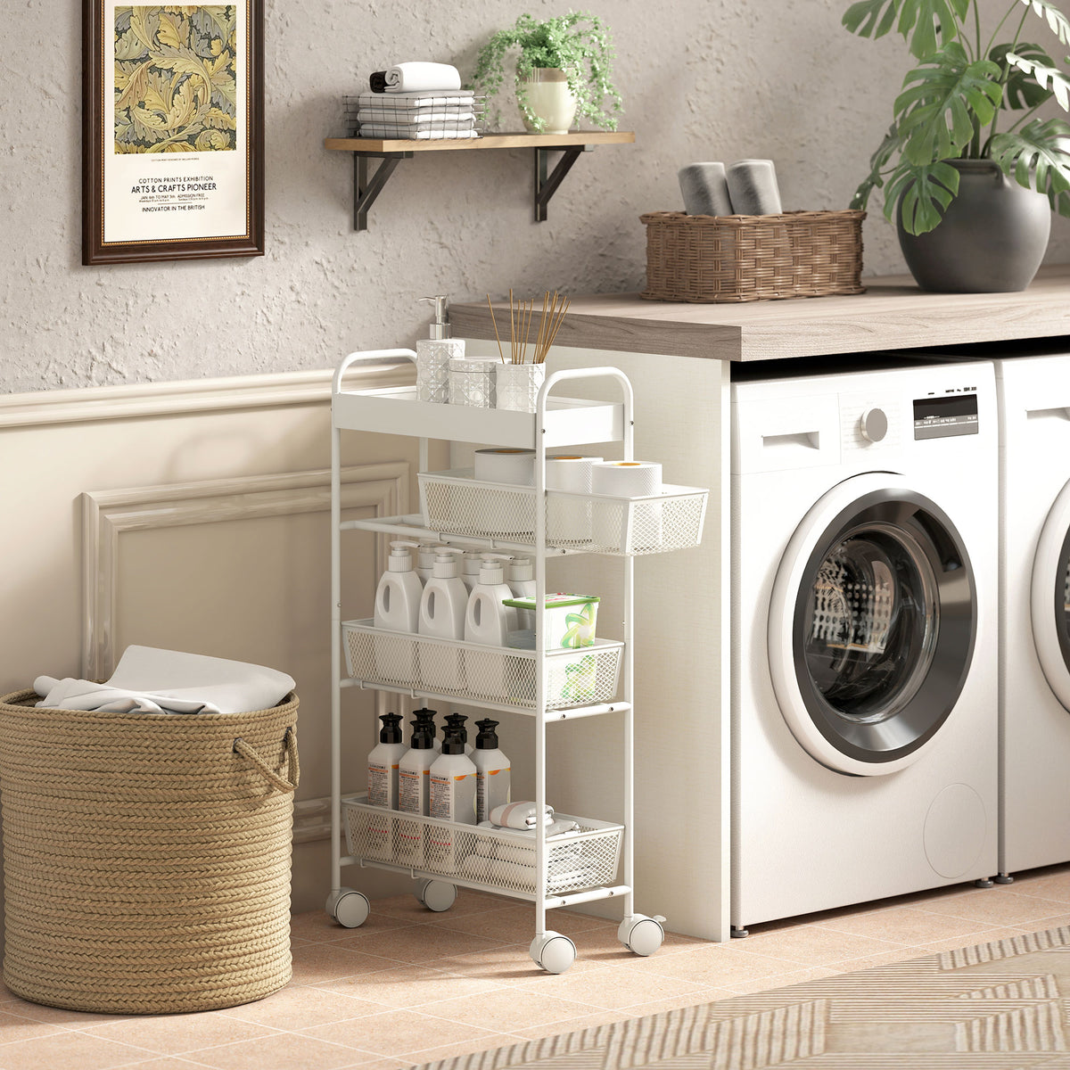 HOMCOM Küchenwagen aus Metall, 3 Körbe, schmales Design, 4 Räder, für Küche, Wohnzimmer, Badezimmer – Produktabbildung 8