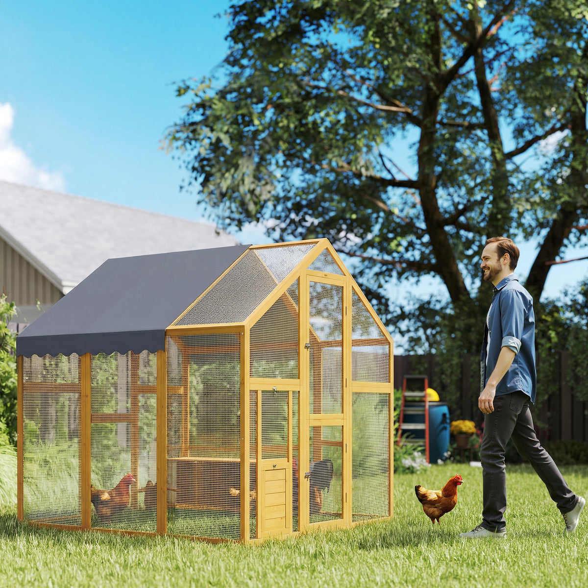 PawHut Hühnerstall 3,07㎡ Freilaufgehege Holz mit wasserdichtem Tuch, Sicherheitsschloss, für 6-8 Hühner – Produktabbildung 2