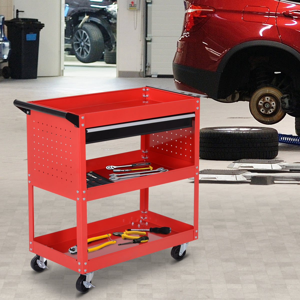 HOMCOM Werkzeugkoffer Werkzeugtrolley Werkzeugbox, 3 Ebenen, 4 Rollen, 82 cm x 35 cm x 76 cm, Rot – Produktabbildung 2