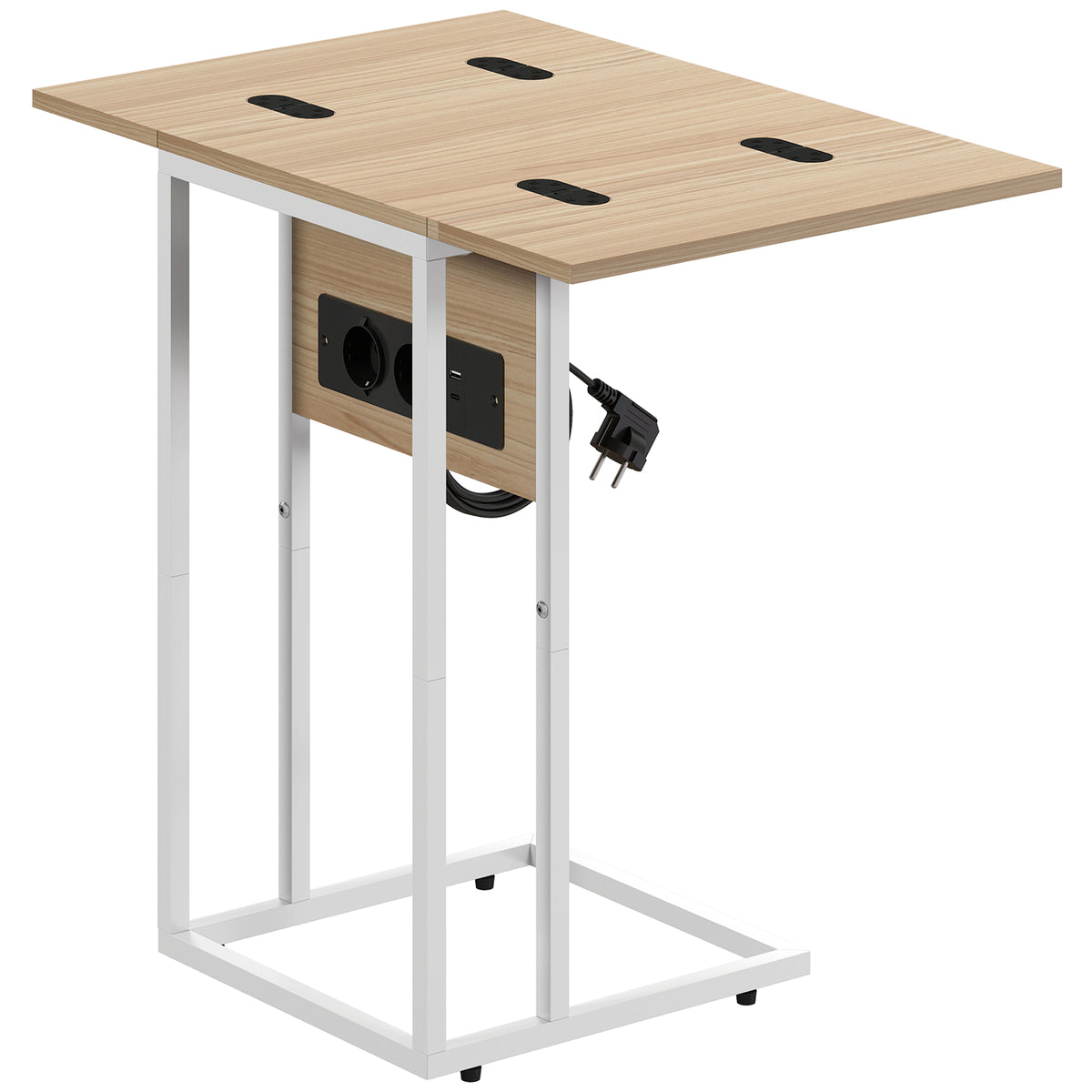 Foldable side table, charging station with USB ports, metal, 39 x 29 x 57 cm, wood-colored