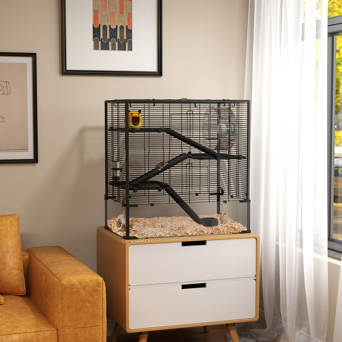 PawHut Hamsterkäfig mit Glasboden, 4-stufiges Hamstergehege mit Hütte und Zubehör, 78,5L x 48,5B x 80H – Produktabbildung 2