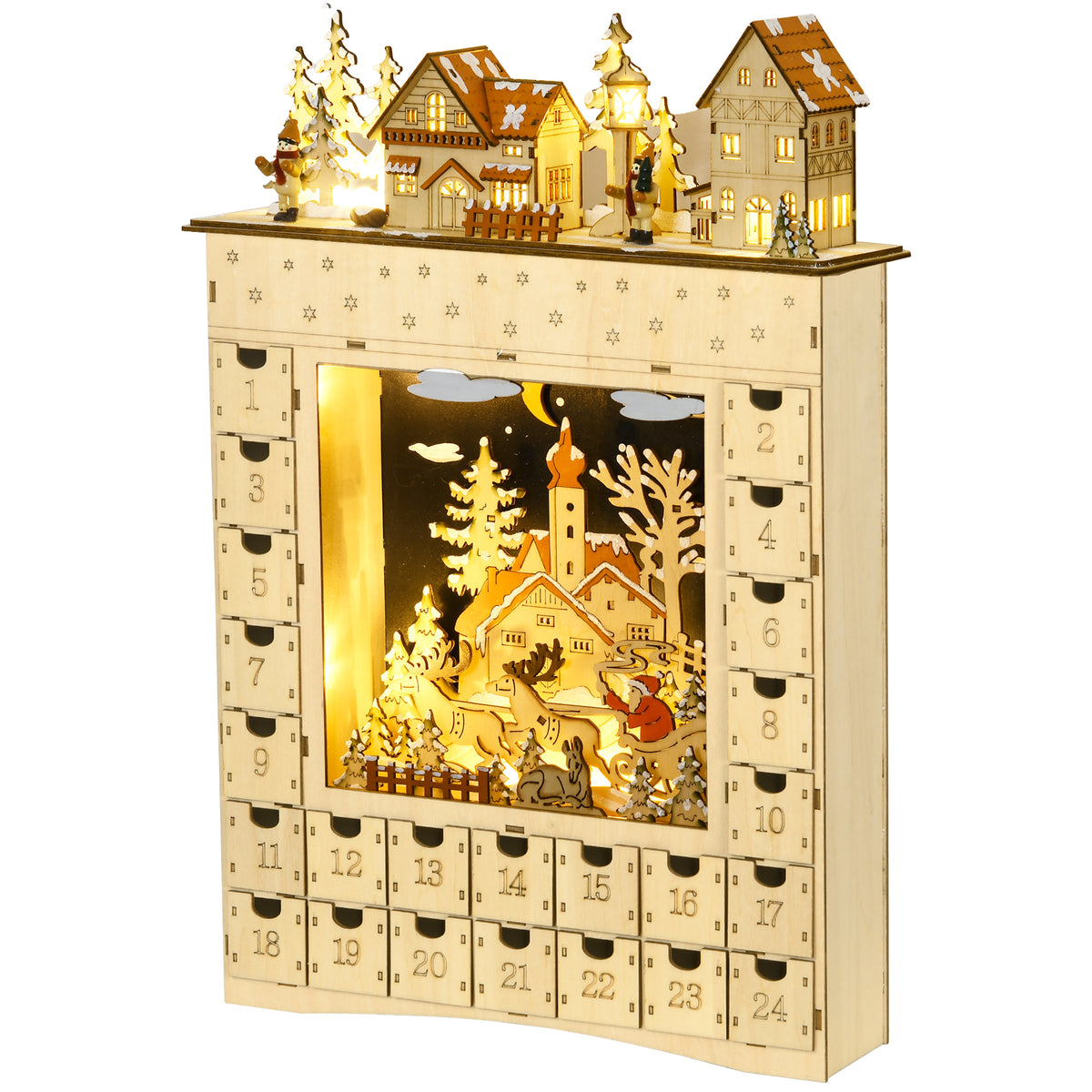 HOMCOM Adventskalender zum Befüllen 24 Schubladen Fächer Weihnachtskalender mit LED-Lichtern Naturholz 36 x 9