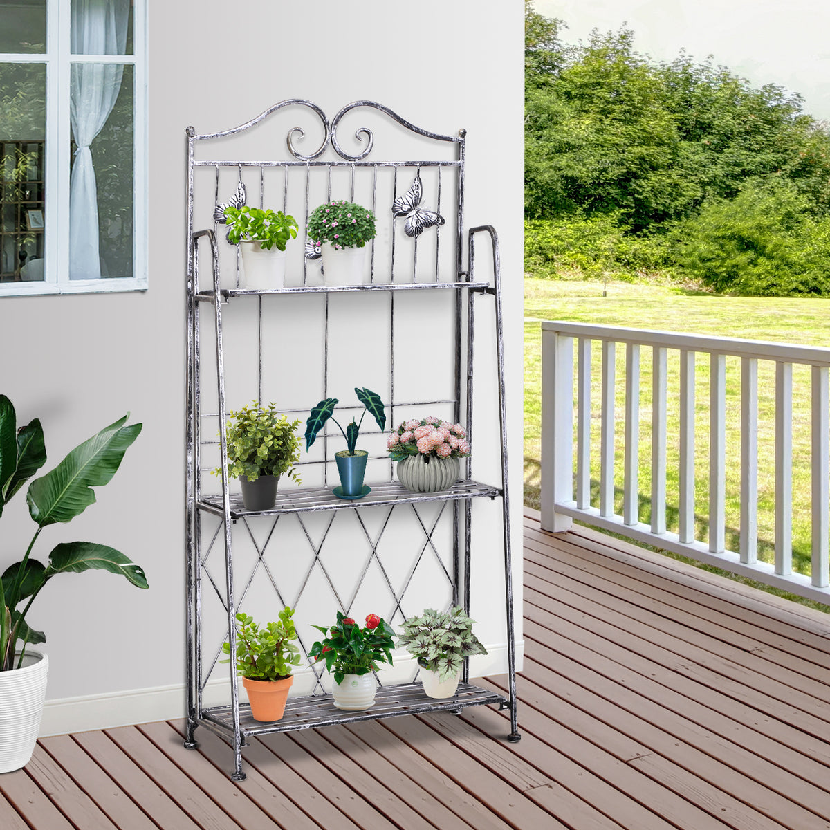 Outsunny Pflanzregal Pflanzenständer Blumenregal Blumenständer Blumentreppe Gartenregal 3 Ebenen Metall – Produktabbildung 2