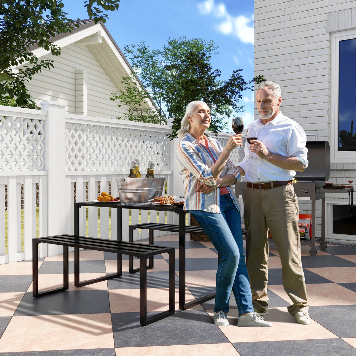 Outsunny Gartengarnitur für 4 Personen, 1 Tisch & 2 Bänke, Metall, Schwarz – Produktabbildung 2