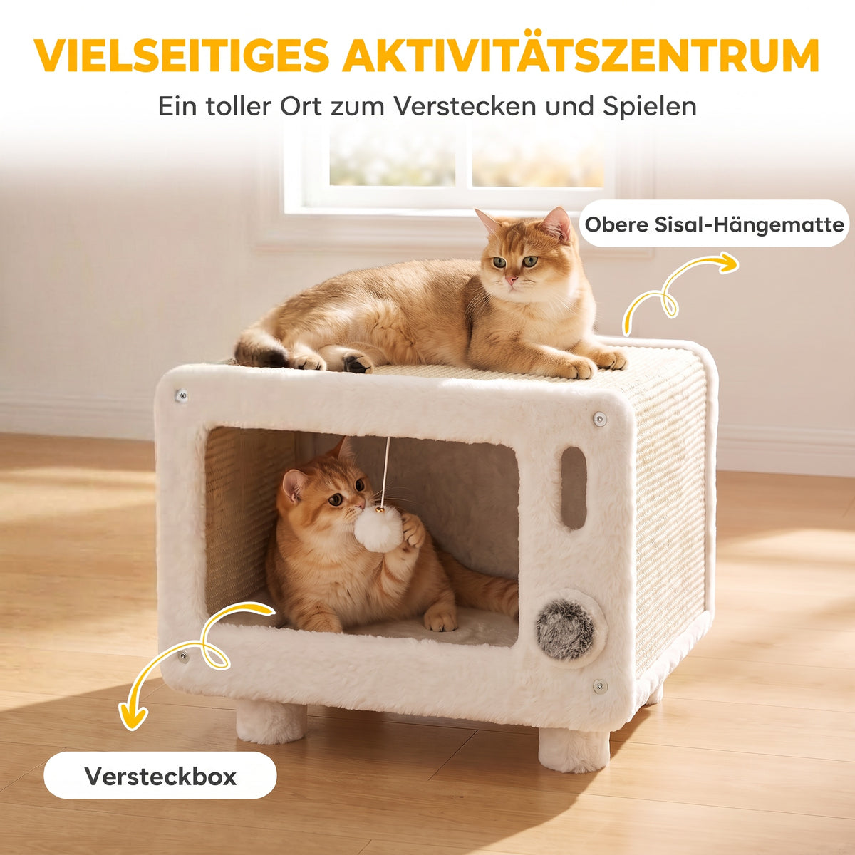 PawHut Katzenhaus im TV-Design, Katzenhöhle mit Hängematte und Spielball, Sisal-Kratzmatte, für Katzen – Produktabbildung 5