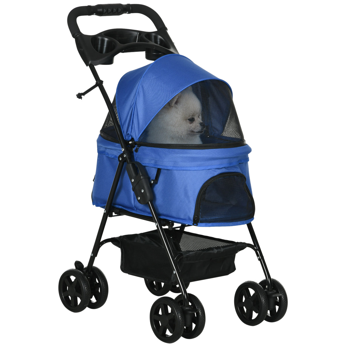 PawHut Hundebuggy Hundewagen bis 4 kg Klappbar Netzfenster Bodenkorb Becherhalter abnehmbares Dach blau 67 x