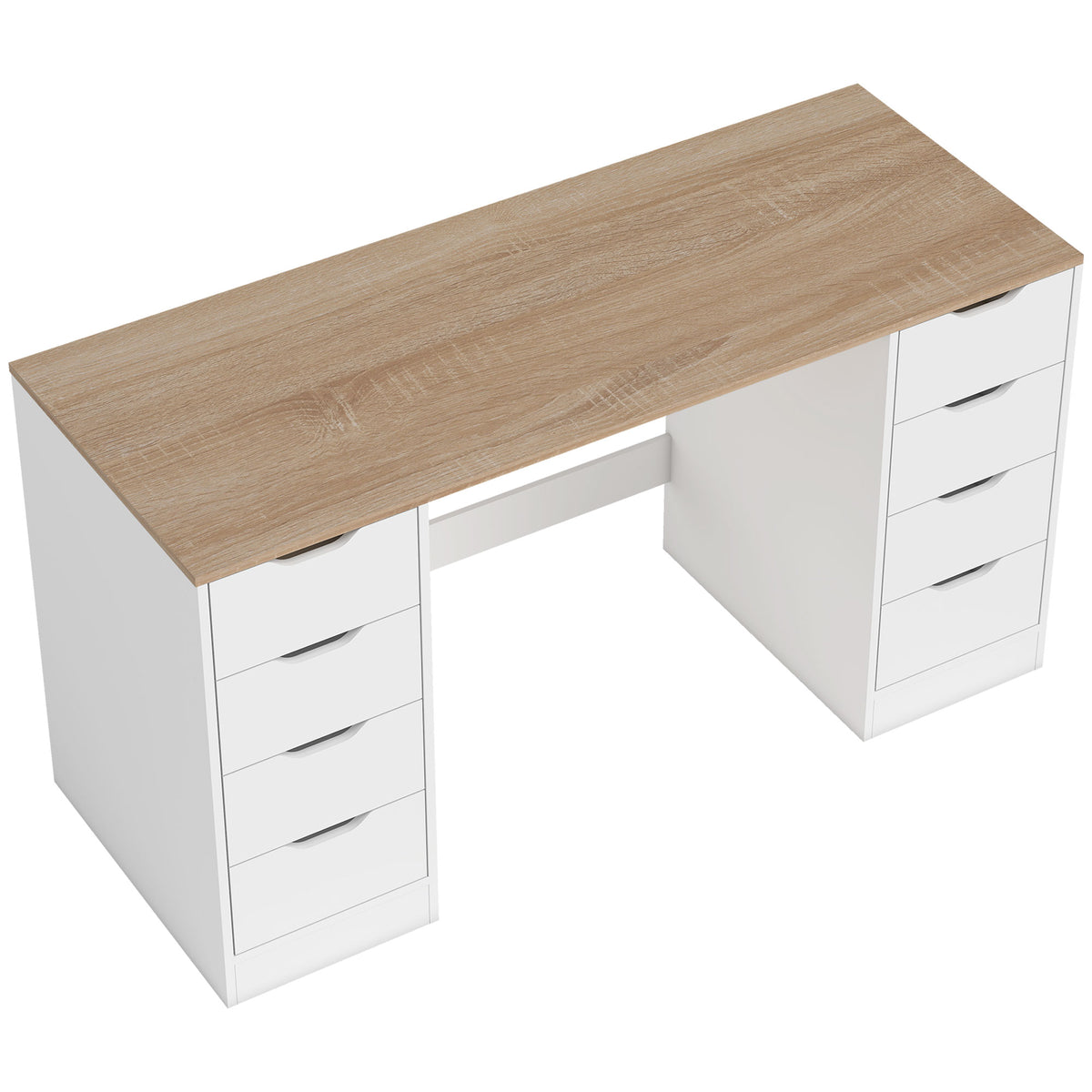 HOMCOM 140 cm Computertisch, 8 Schubladen, Schreibtisch für Homeoffice, Schlafzimmer, Stahl, Holz, Natur