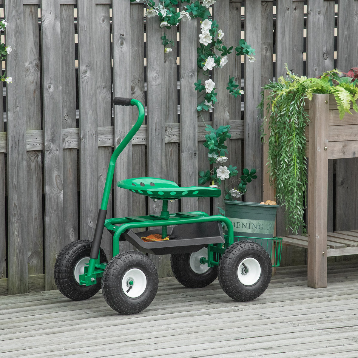 Garden cart with rolling seat up to 150 kg with storage basket for small garden tools, mobile workshop cart (2)