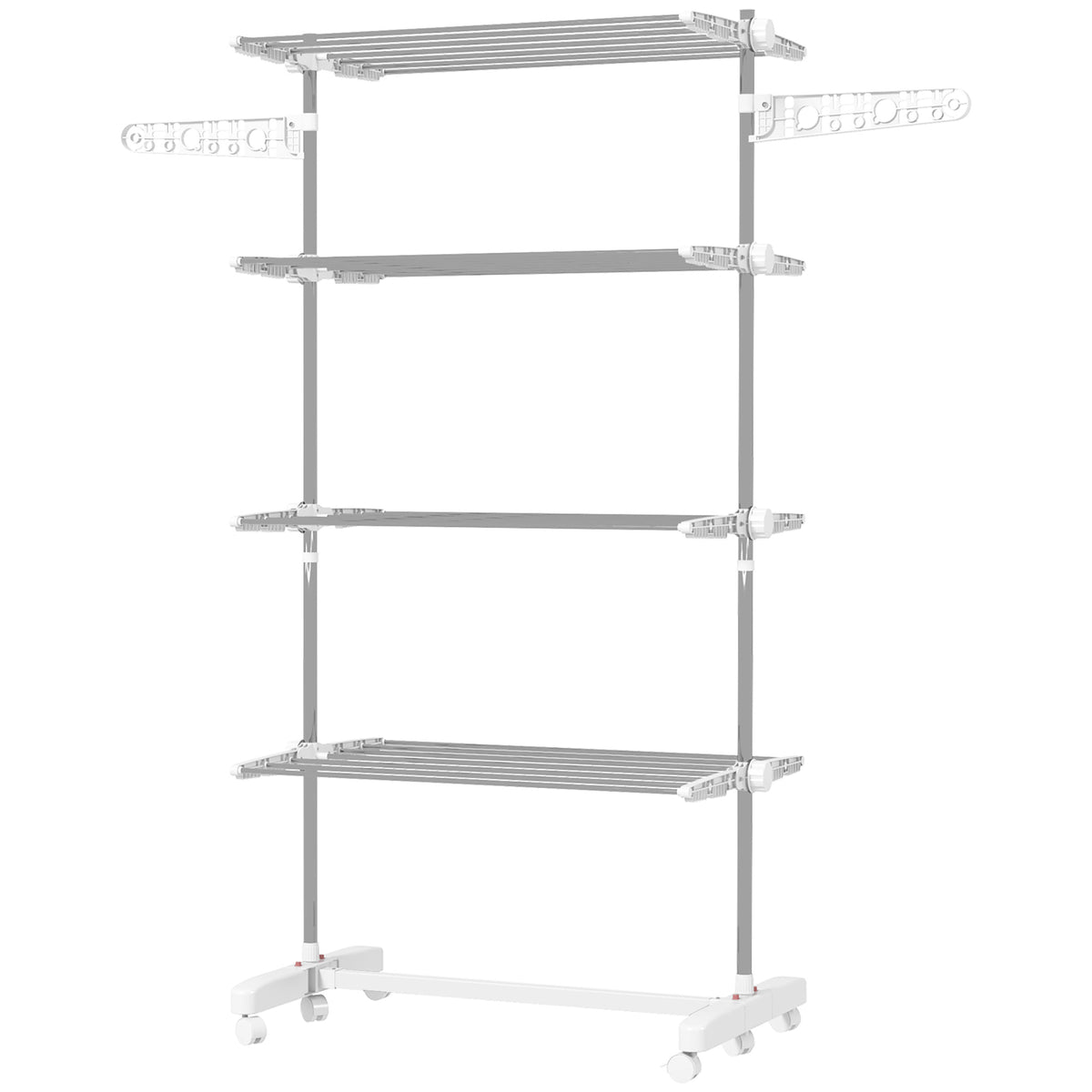 Mobile clothes drying rack with wheels, 4 levels, foldable, stainless steel, rustproof, white+silver, 142 x 55 x