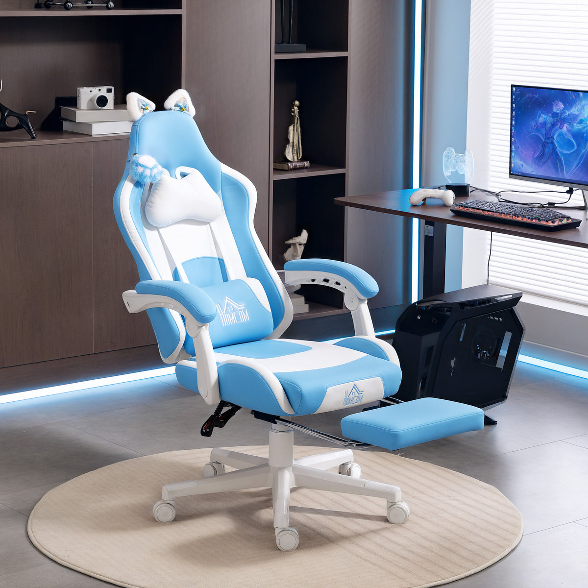 HOMCOM Gaming-Sessel mit Katzenohren, neigbare Lehne, ausziehbare Fußstütze, bis 120 kg belastbar – Produktabbildung 2