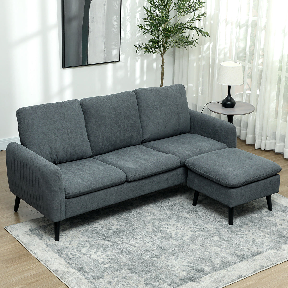 HOMCOM Ecksofa, 3-Sitzer-Sofa mit Fußhocker, Stoffbezug, L-förmiges Couch-Set, Dunkelgrau – Produktabbildung 2