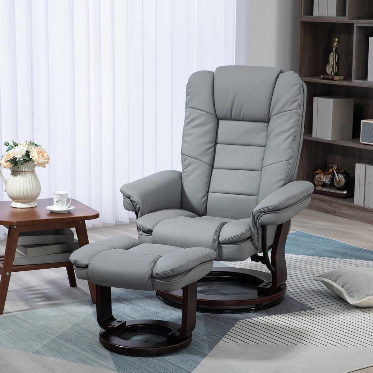 Recliner chair with ottoman, lounge chair, swivel, reclining backrest, leather look, up to 130 kg, gray (2)