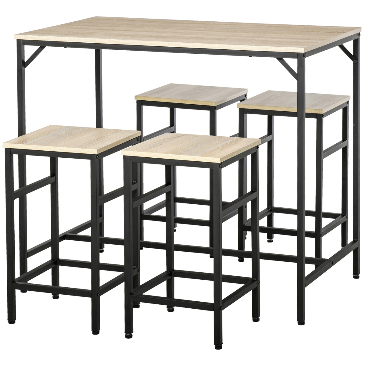 Bar table set, high table with 4 bar stools, 5-piece table set, steel/oak