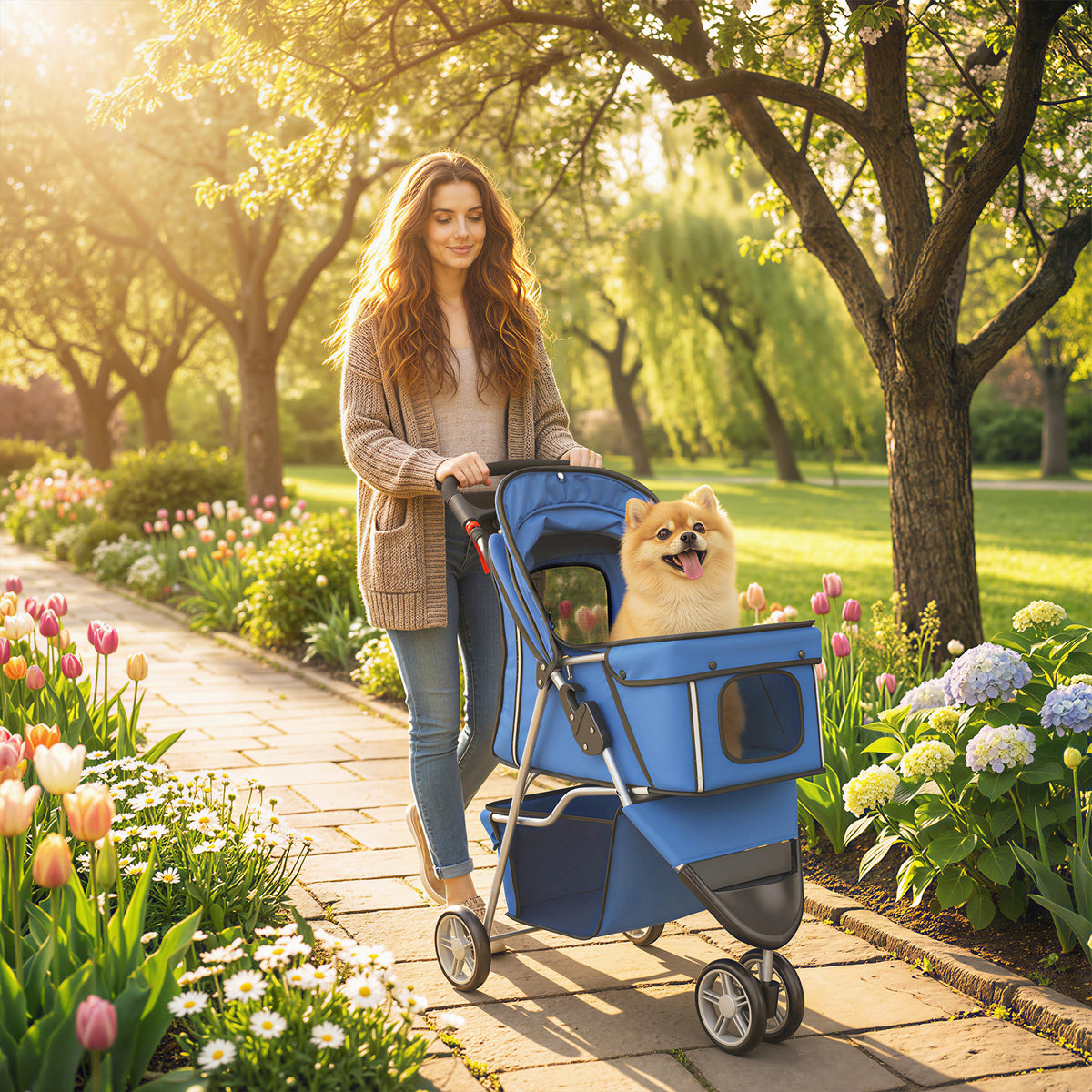 Dog Stroller Foldable up to 10kg with Storage Basket, Cushion, Mesh Windows, for Small Dogs, 77x44x102cm Blue (2)