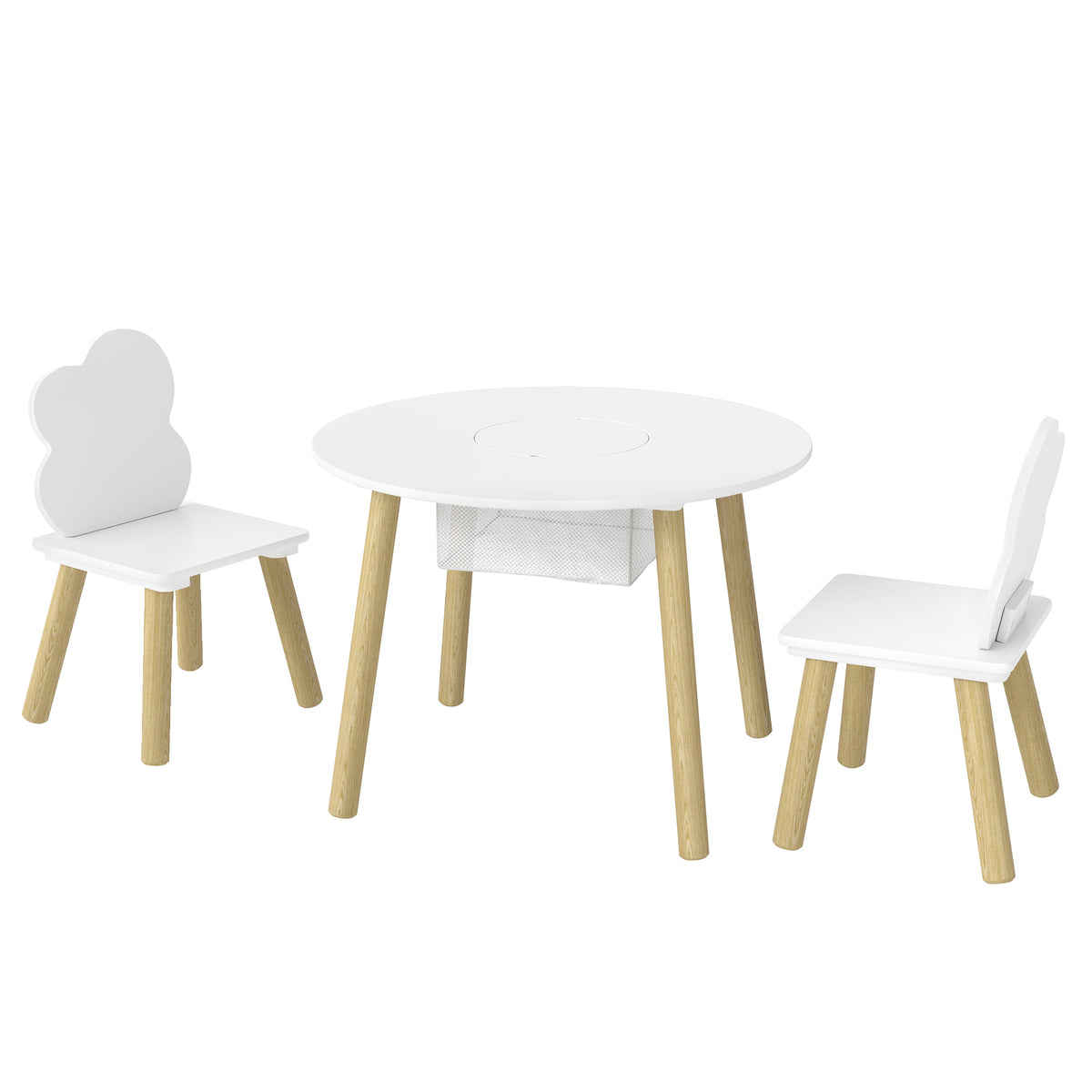 Children's table with chairs and storage, 3-piece children's furniture set in white and natural for playroom and