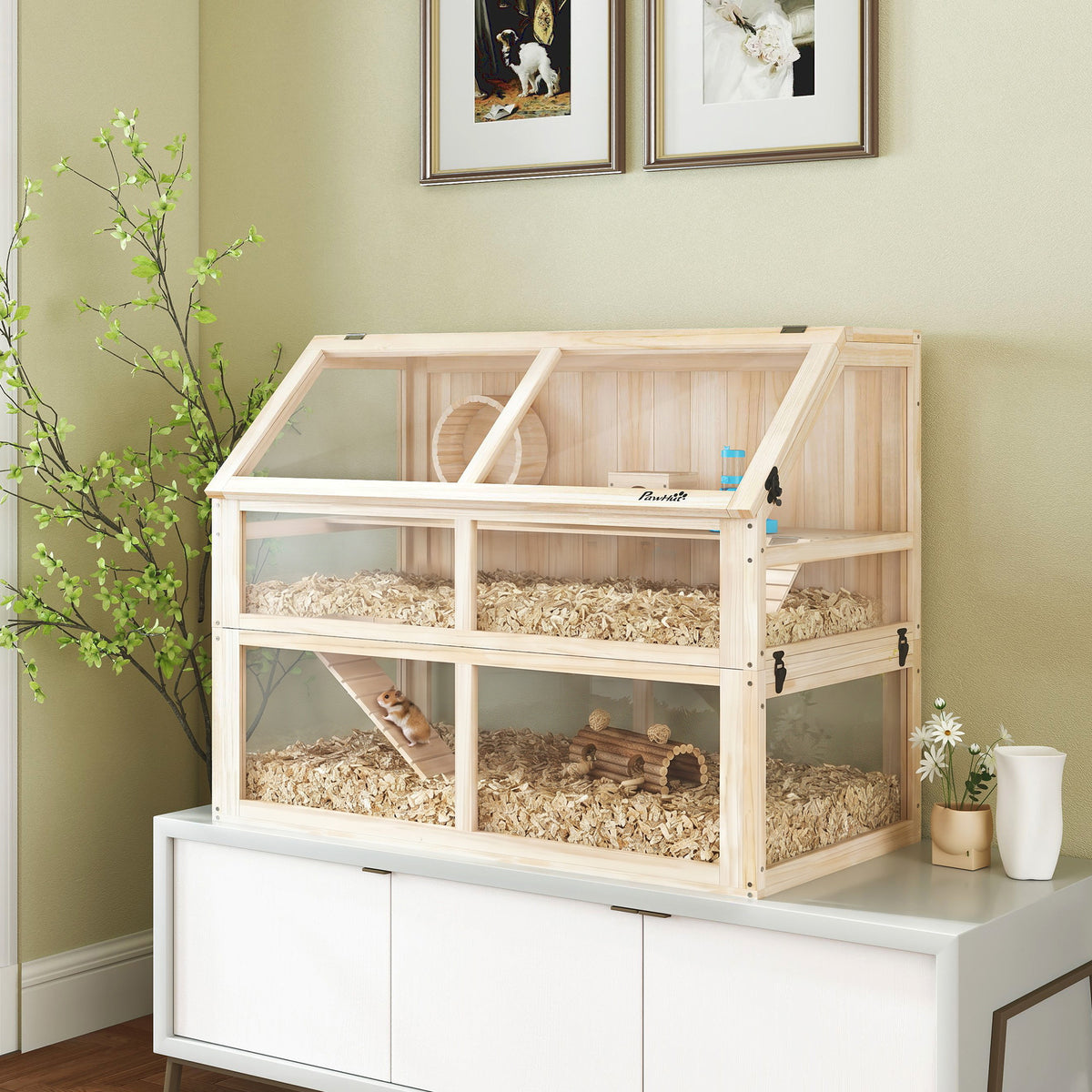 Wooden hamster cage 3 levels rodent cage small animal cage with seesaw exercise wheel hut 95 x 53 x 76 cm (2)