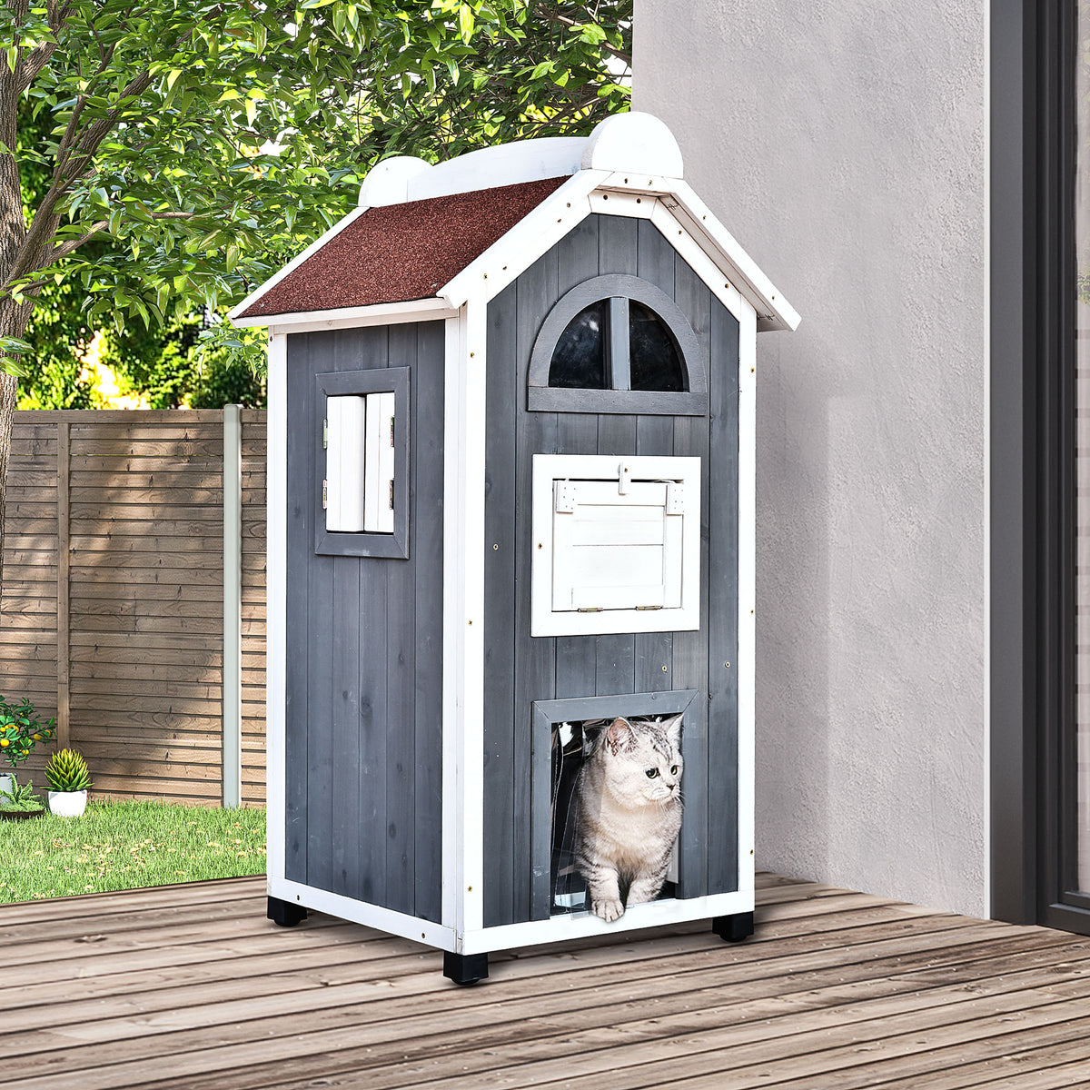 Outdoor cat house, 2-story fir wood cat house, weatherproof cat shelter with asphalt roof, for 1-2 cats up to 5 (2)
