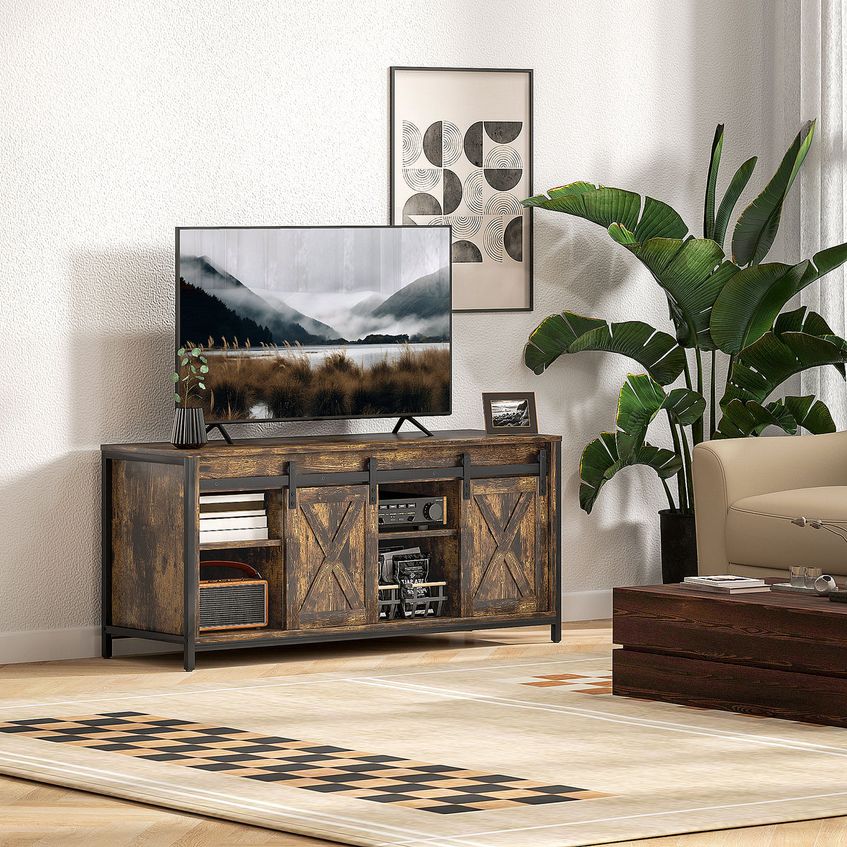 HOMCOM TV Lowboard, Industrial Design, für 60'' TVs, 6 Fächer, 2 Schiebetüren, Braun/Schwarz – Produktabbildung 2