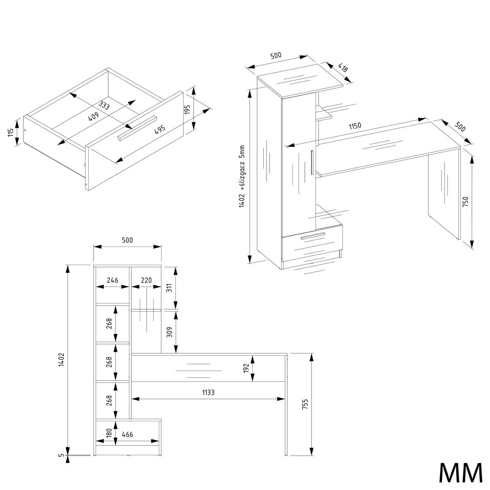 Set Schreibtisch + Regal COSMO EICHE ARTISAN – Produktabbildung 7