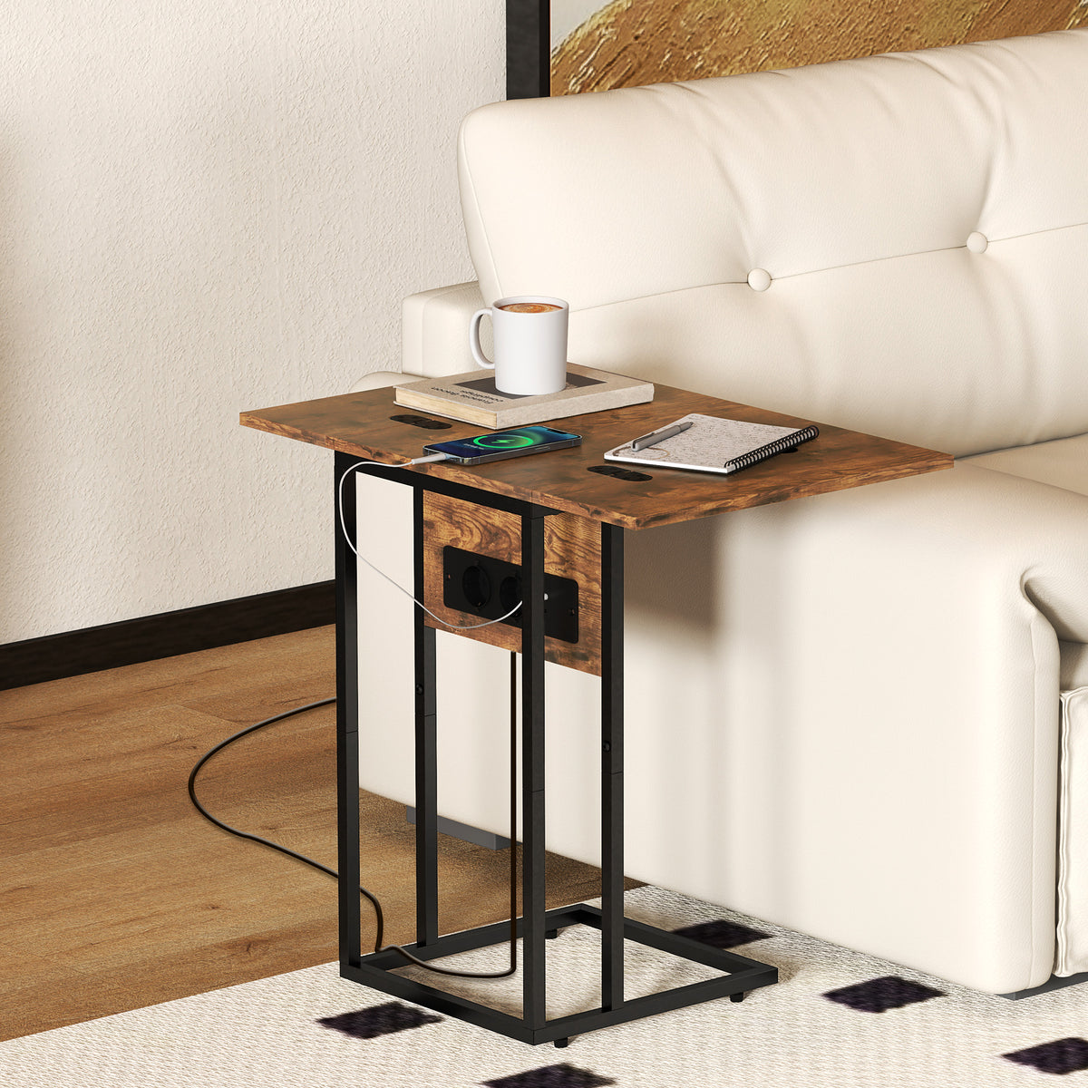 Folding side table, charging station with USB ports, metal, 39 x 29 x 57 cm, brown (2)