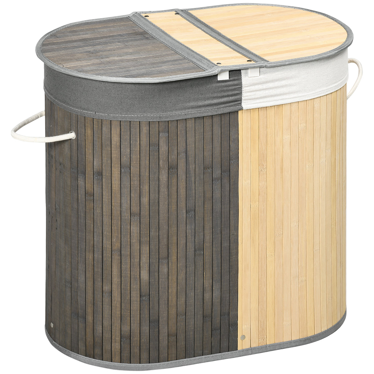 100 L laundry basket with lid, handle, 2 sections, removable laundry bag, for bedroom, bamboo gray+natural