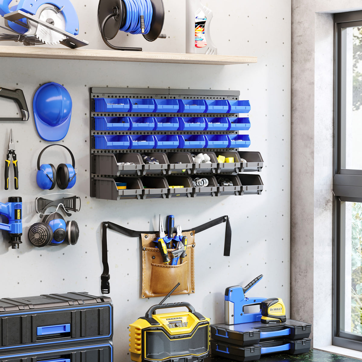Schüttenregal, Werkstattmagazin, 30 Boxen in 2 Größen, stapelbar, 63x18x37,5cm, Blau – Produktabbildung 2