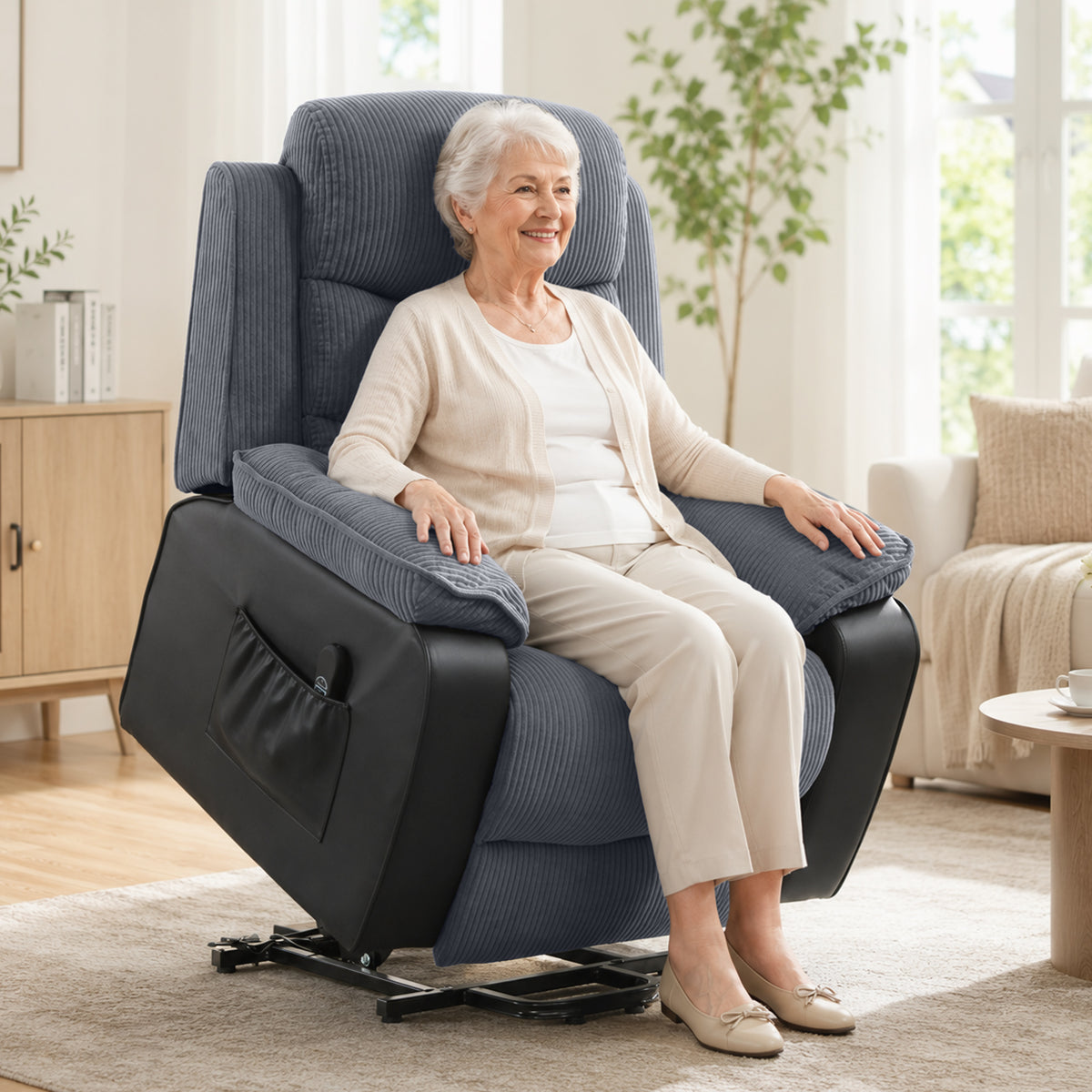 Lift chair with soft corduroy upholstery, recliner chair with remote control and side pockets, dark gray (2)