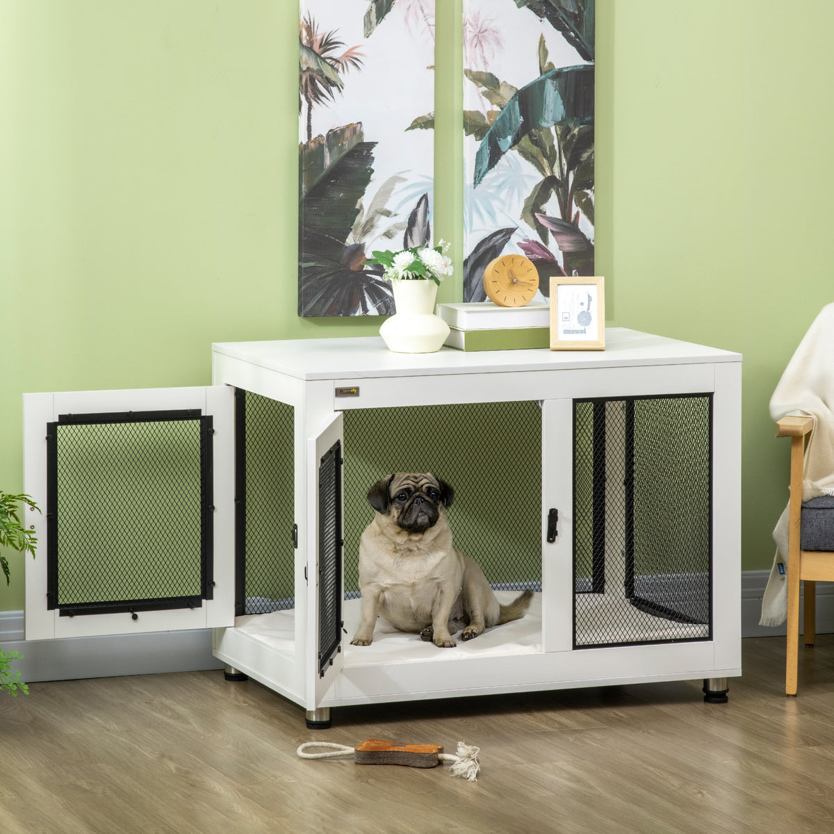 PawHut Hundebox, inkl. weicher Matte, 2 Türen, 2 Türen, verriegelbar, Stahl, Weiß, 94 x 60 x 71,5 cm – Produktabbildung 2