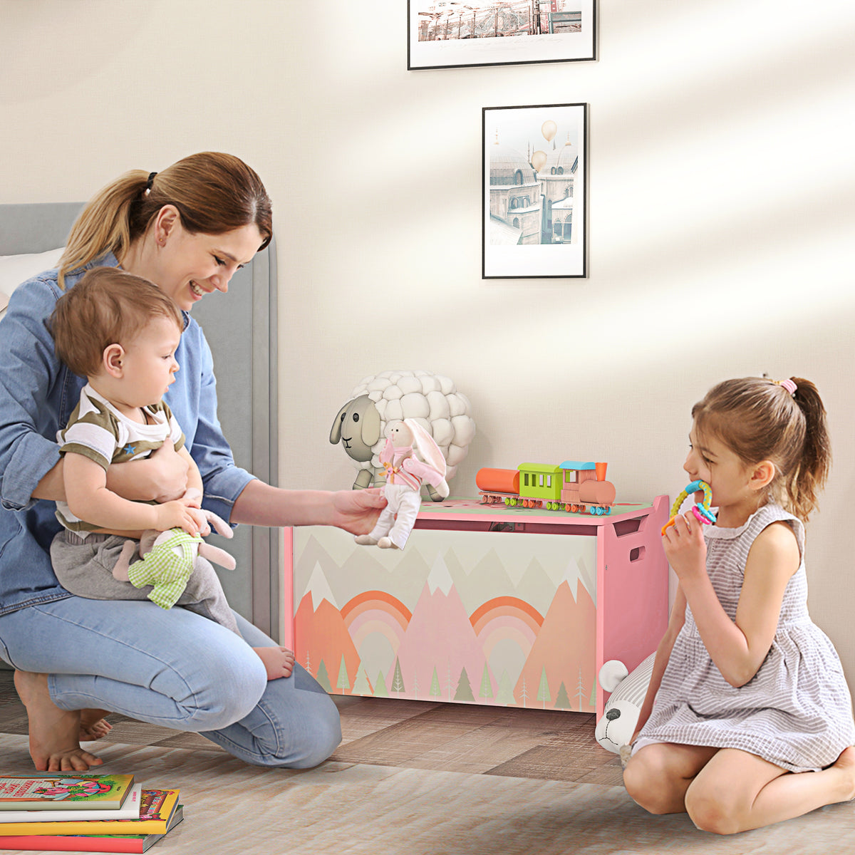 Storage box with storage space, toy chest with safety hinge lid, cute animal design, 60 x 37 x 39 cm, pink (2)