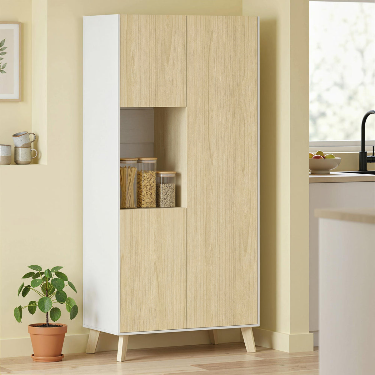 HOMCOM 170 cm Küchenschrank, Moderner Schrank mit offenem Fach, verstellbaren Regalen, Naturholz-Optik – Produktabbildung 2