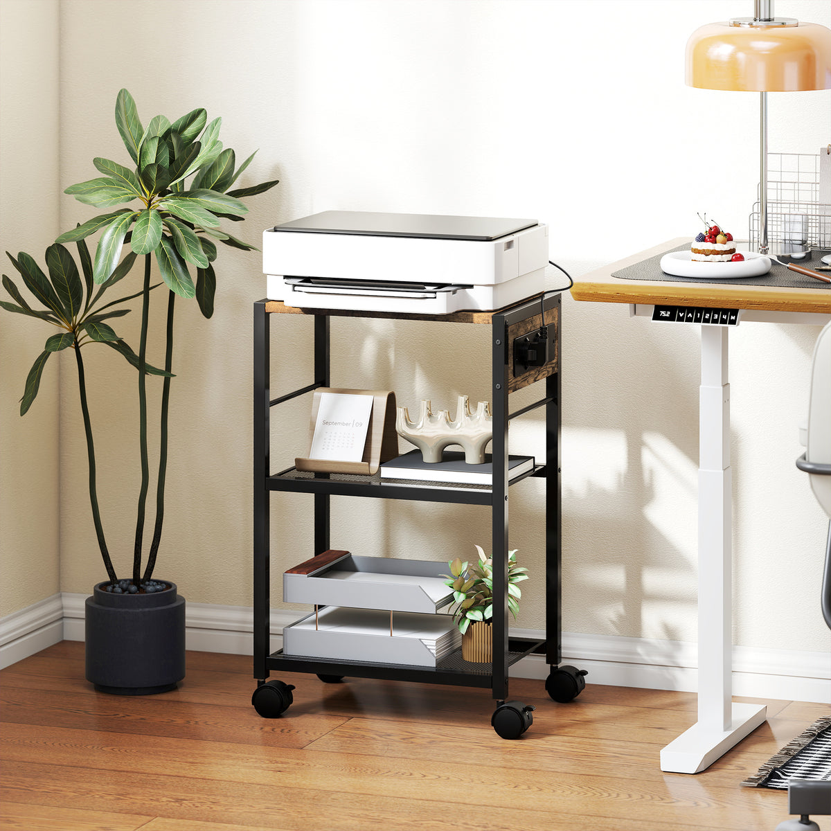 Printer stand, printer shelf with casters, power outlets, USB and USB-C ports, up to 40 kg, rustic brown (2)