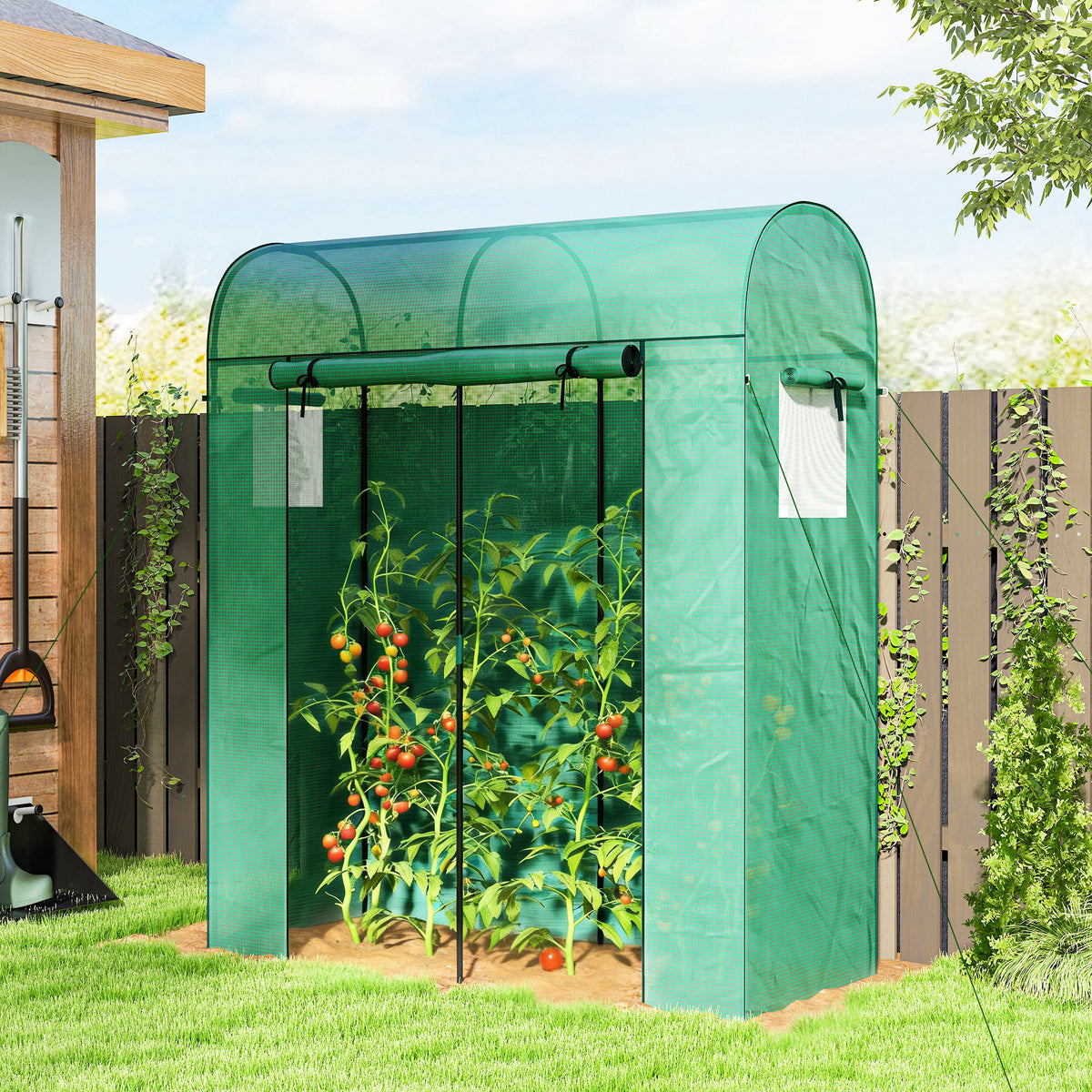 Tomato greenhouse, foil greenhouse with roll-up door, mesh window, arched roof, 170 x 68 x 200 cm, green (2)