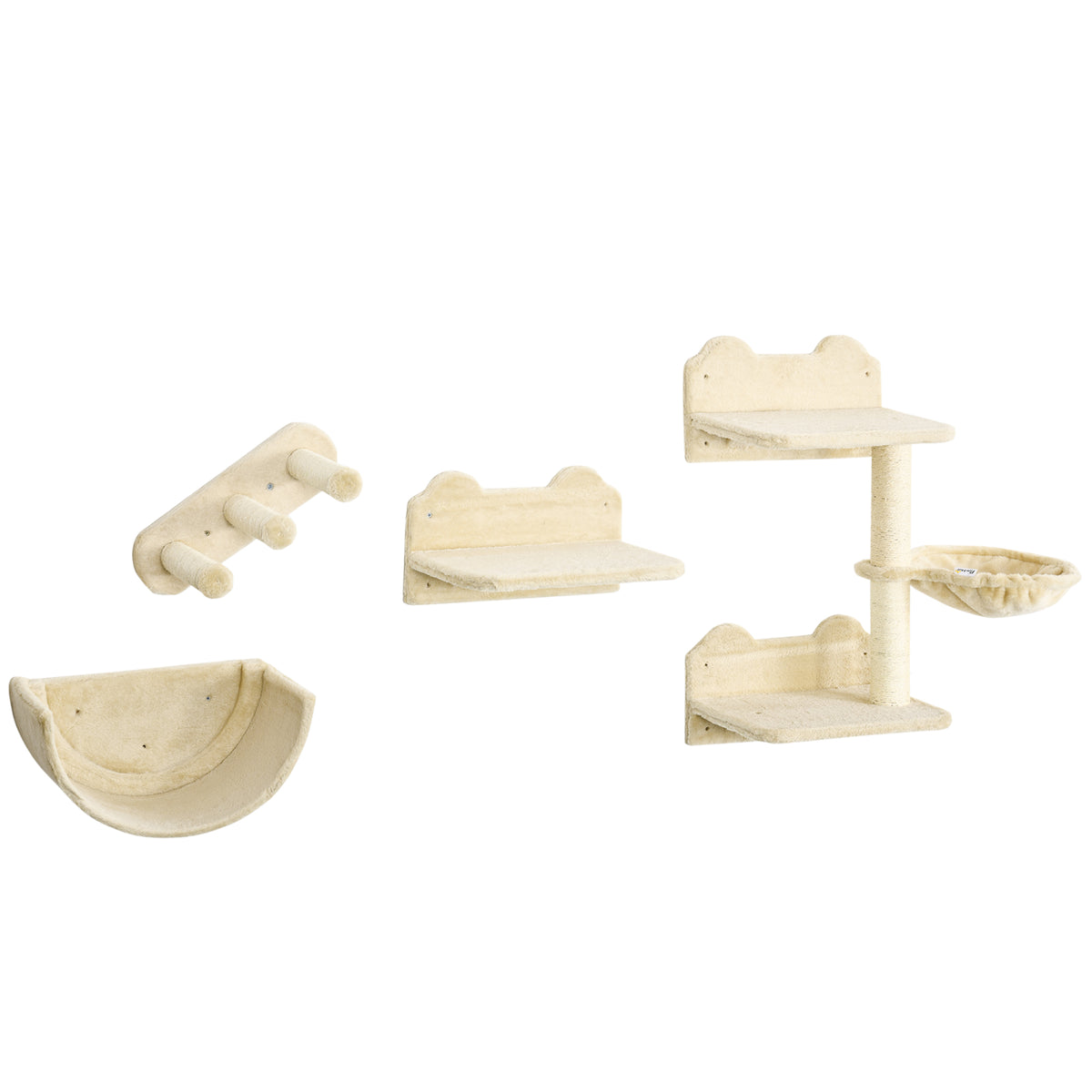 PawHut Kletterwand-Set für Katzen, 4-teilig, mit Katzentreppe, Hängematte, Plattform und Kratzbaum, Beige