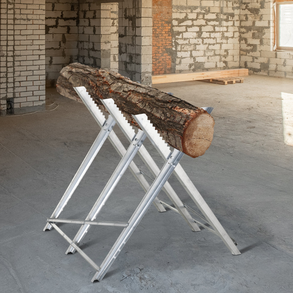 Chainsaw sawhorse, foldable sawhorse, saw stand for firewood, silver metal, 83 x 83 x 79 cm (2)