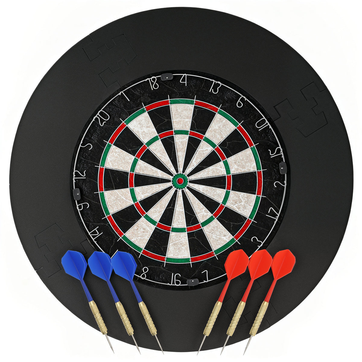 Dartscheibe Dartboard-Set mit Schutzring, 6 Dartpfeile mit Stahlspitzen, Sisal, Kunststoff, Schwarz