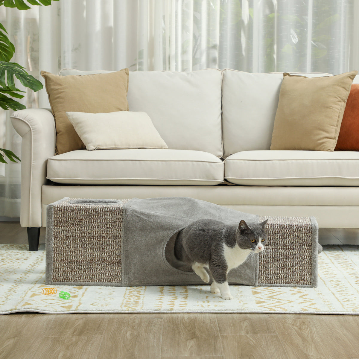 PawHut Katzentunnel, 2 Katzenhöhlen, Kratzflächen und Ballspielzeug, 98 cm x 30 cm x 30 cm, Braun + Grau – Produktabbildung 9
