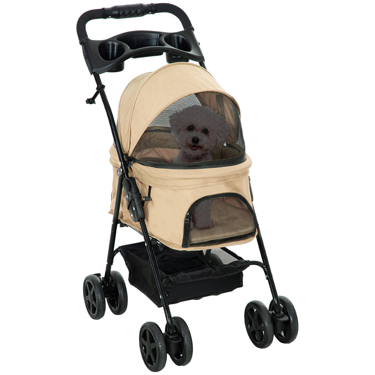 PawHut Hundewagen Hundebuggy, klappbar, 2 Sicherheitsleinen, 2 Becherhalter, 67 x 45 x 96 cm, Khaki
