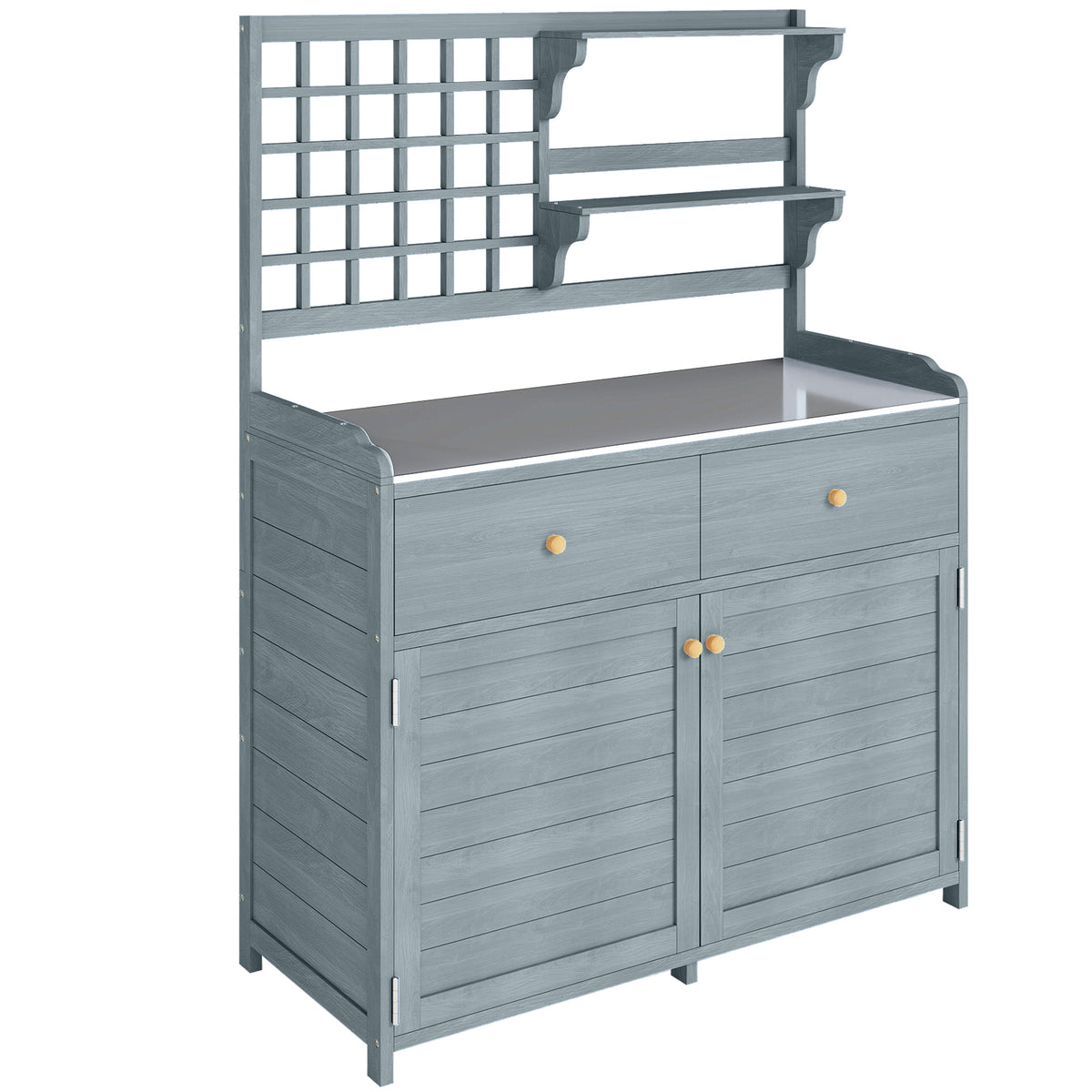 Potting bench with cabinet outdoor wood garden cabinet with galvanized worktop 2 drawers 104x44x140 cm light