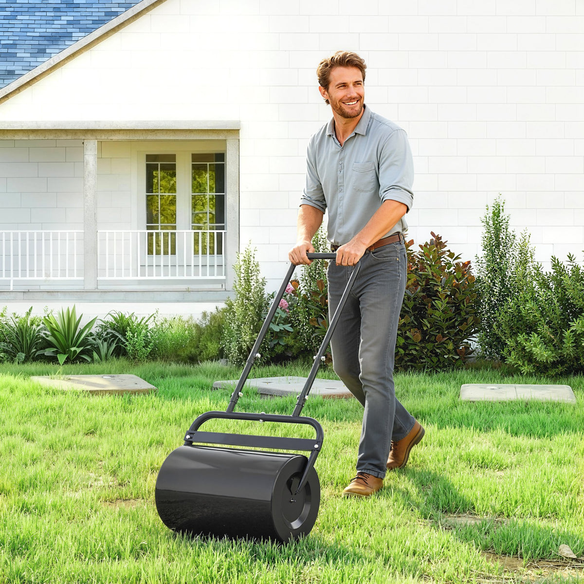 Lawn roller with U-handle, garden roller, garden roller, 32 cm diameter, 38 L water/62 kg sand, metal, black, 58 (2)