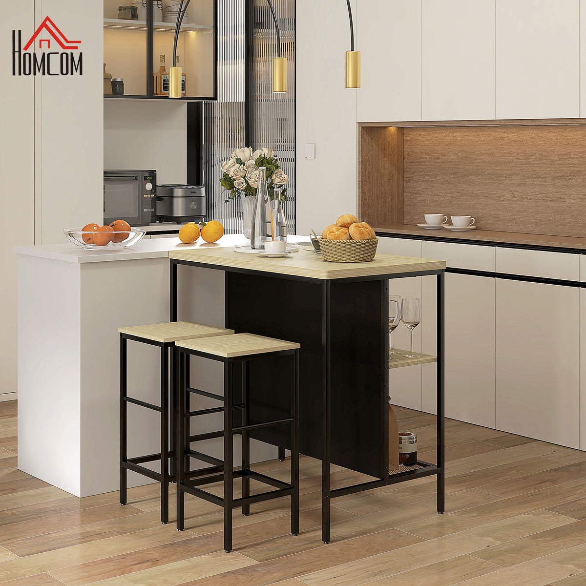 Bar set, 2 bar stools & 1 bar table, stain-resistant, stable, steel frame, black/oak (2)