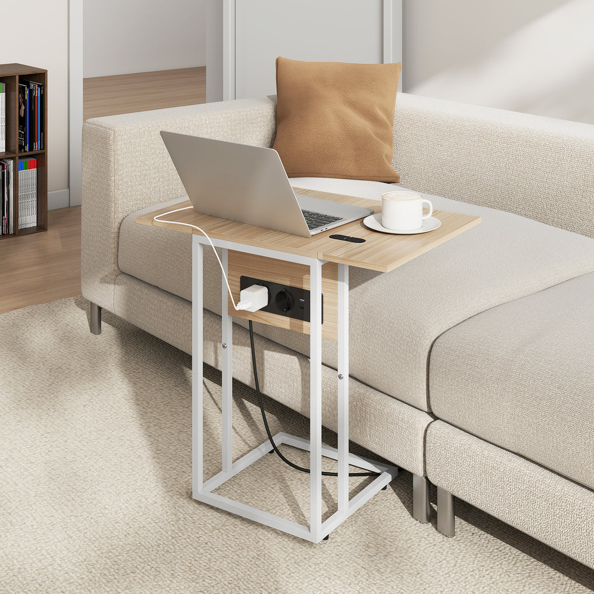 Foldable side table, charging station with USB ports, metal, 39 x 29 x 57 cm, wood-colored (2)