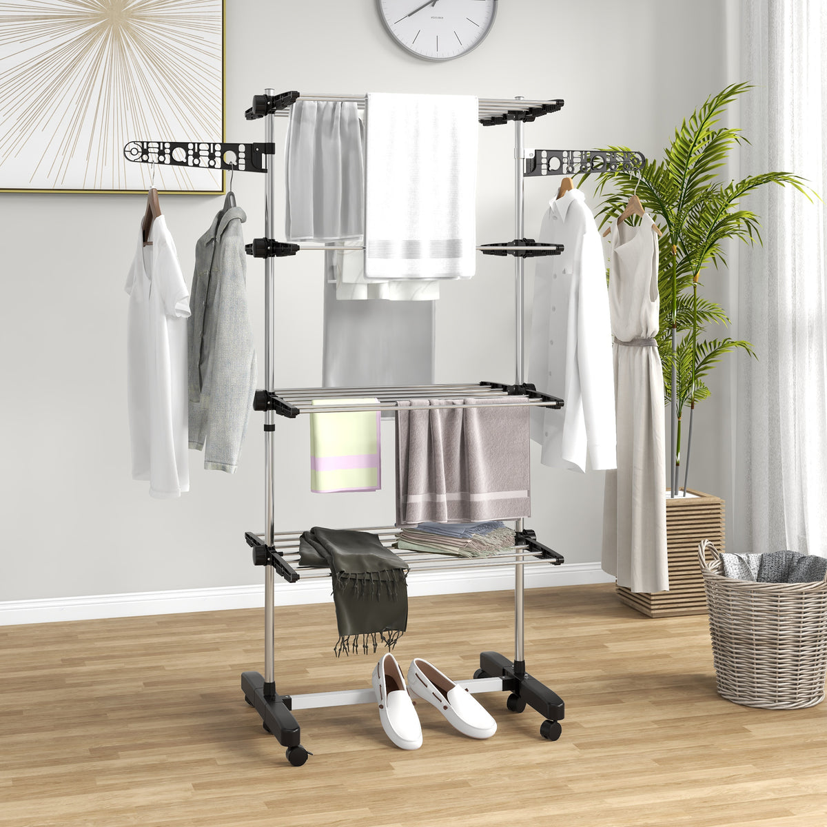 Laundry rack, clothes dryer, 5 levels, foldable, one-click system, 142 cm x 55 cm x 172 cm, black + silver (2)